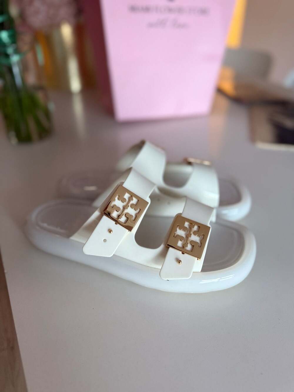 Tory Burch Buckle Bubble Jelly Slide Sandals in Ivory and Gold - Picture 3 of 7